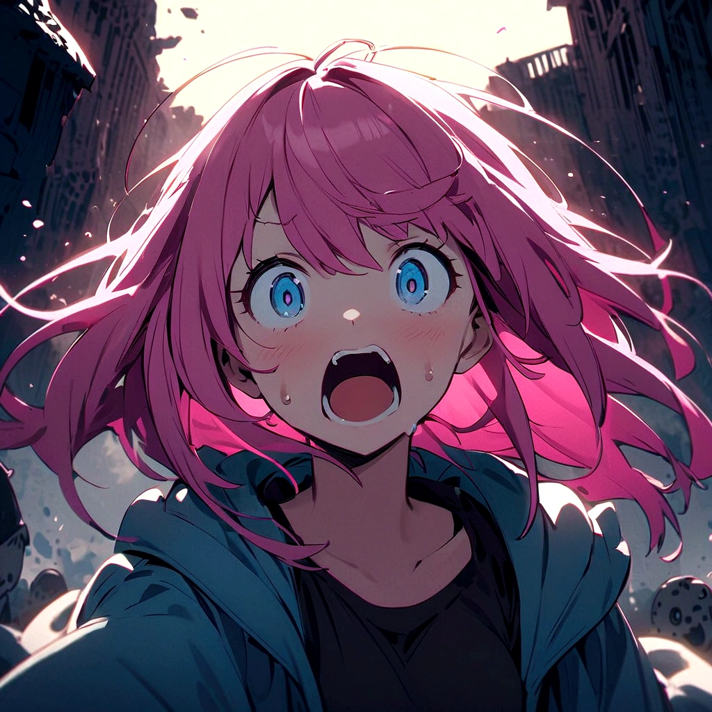 Girl with pink hair、Surprised、fear、Mouth half open、With eyes wide open、I'm horrified、Run away、Sweat、Run away from monsters