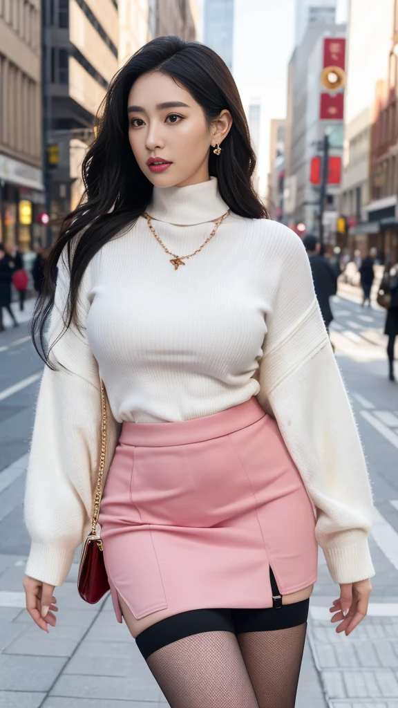 Quadruplet sisters on the street，Skin as white as paper，Four fat women，Very fat，Very fat，Pink and red high collar cheongsam(No cleavage),thigh, cosmetic, Outdoor sports, earrings, necklace, turtleneck sweater, High Aims Neck Knit Bodycon Skirt，full-body shot，Four Asian Japanese women，18 years old，big eyes，elegant temperament elegant temperament，Smooth and fair skin(masterpiece:1.2, best quality), Practical, (The real situation,20 years old， Intricate details, Depth of Field，High Aims neck clothes), careful, The content is very detailed, This is a perfect face, Perfect body, Large Model, Mature woman, High Aims，Black mesh garter belt，8K,best quality, masterpiece, Ultra-high resolution,(lifelike:1.4), original photo, Stay focused, detailed, dramatic, Four beauties, (tall and straight:1.1),(Fat goddess striptease high collar,High Aims collar fitted skirt),half butterfly earrings, double ring necklace, (:1.05), (35 years old, : 1.4),Long curly hair, Dynamic Angle, Beautiful graphics, Short skirt and fishnet stockings，High Aims heel