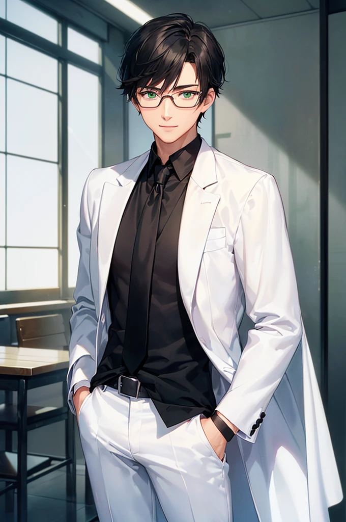 (masterpiece; best quality: 1.2), (finely detailed eyes: 1.3), ((25 year old man)), ((solo)), (green eyes: 1.4), (body; lean, toned, masculine: 1.3), (very short black hair: 1.3), (beautiful and clear background: 1.2), ((depth of field)), (equipment: white open labcoat + black shirt + white necktie + white pants + black square glasses: 1.3), (anime illustration: 1.2), (background composition; japanese highschool classroom + furniture: 1.1), (extremely fine and handsome: 1.1), (shot composition; standing + centered on torso + close-up: 1.5), (expression; calm, smile: 1.2)