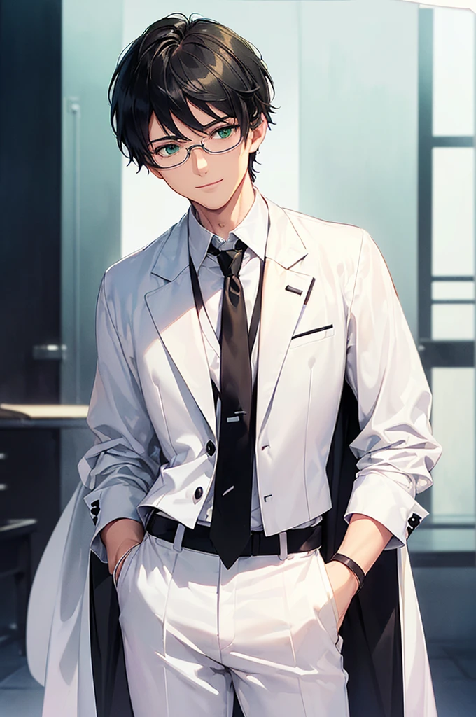 (masterpiece; best quality: 1.2), (finely detailed eyes: 1.3), ((25 year old man)), ((solo)), (green eyes: 1.4), (body; lean, toned, masculine: 1.3), (very short black hair: 1.3), (beautiful and clear background: 1.2), ((depth of field)), (equipment: white open labcoat + black shirt + white necktie + white pants + black square glasses: 1.3), (anime illustration: 1.2), (background composition; japanese highschool classroom + furniture: 1.1), (extremely fine and handsome: 1.1), (shot composition; standing + centered on torso + close-up: 1.5), (expression; calm, smile: 1.2)
