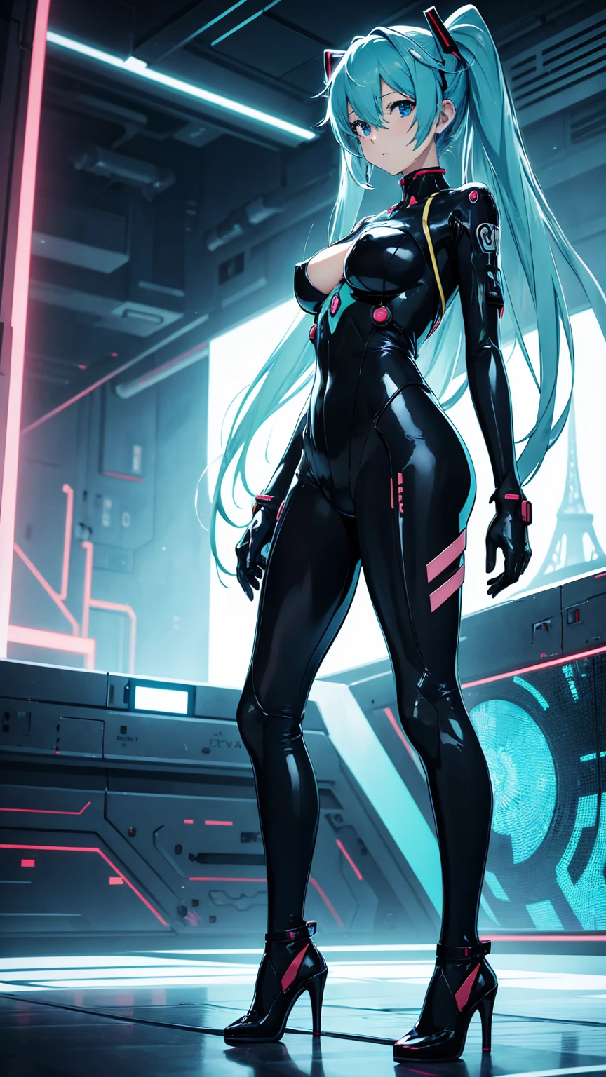 初音ミクはPlug Suitを着ている、Big Breasts、Latex bodysuit、Plug Suit((Neon Genesis EVANGELION))、Plug Suitの色は白と水色、High heels、The background is ruins、Highest quality、Highest quality、2010s anime style、8K CG