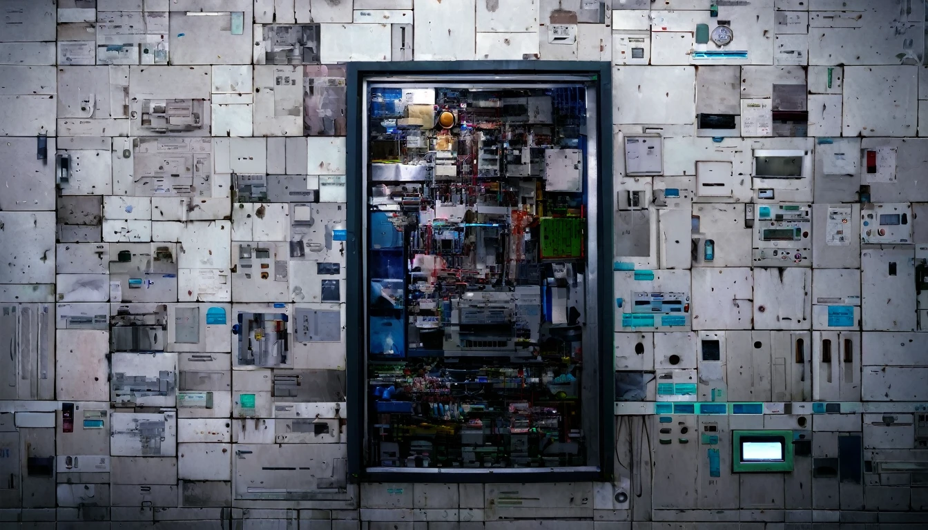 Wall close-up photography, Take a photo straight-on facing the wall. In the clinic of the future、There's a sci-fi monitor。Bright spot with white walls, Scientific research, The camera is parallel