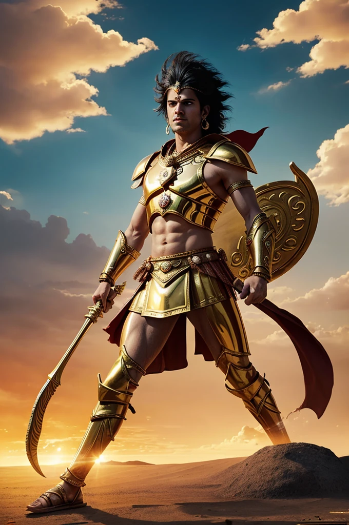 Create an image of Karna from the Mahabharata, depicted as a valiant warrior with his golden armor and earrings. He should be standing in a chariot, holding his divine bow, with an aura of nobility and strength. The background should be an ancient battlefield, with a dramatic sky and hints of ongoing war.