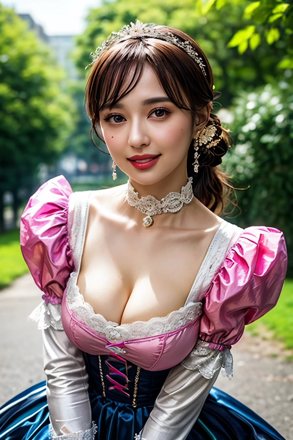 (nsfw:-2.0), (realistic, photo-realistic:1.4), (best quality,masterpiece:1.2), RAW photo, high resolution, intricate details, extremely detailed, realistic and sharp details, cinematic lighting, (portrait, frontal photography), solo, 1girl, (doll-like appearance), (sexy Paradise Kiss cosplay), (large breasts, cleavage), dark hair, detailed face, detailed eyes, smile, (neon pink clothes), bell-shaped skirt, petticoats, high neckline, puffed sleeves, detailed lace, detailed embroidery, Paradise Kiss accessories and matching headpiece, choker, large sparkling Paradise Kiss jewelry,  shiny victorian-style boots, photo background, outdoors, (city ruins, ruins, concrete), nature, overgrown, 