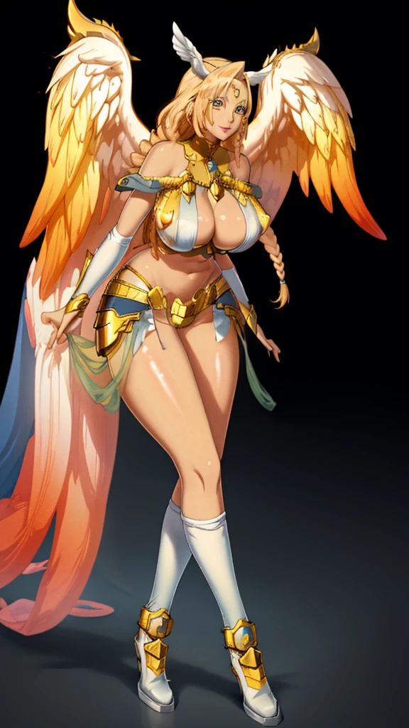 A tall goddess woman beautiful sexy sensual beautiful beautiful tenderness affectionate pretty smiles kindly long yellow hair wavy to the side one Mencho short yellow braid her light blue eye another orange eye she dresses bright gold metal brassiere shows navel and shorts gold armor shows leg socks black net and has angel wings on his back