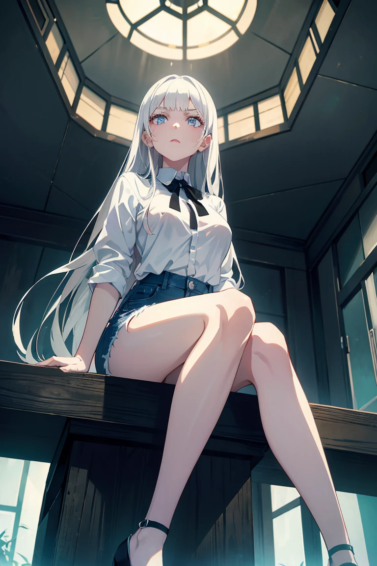 (masterpiece, Best quality, absurd), 1 girl, white hair, long hair, straight hair, blunt bangs, light blue eyes, big breasts, aesthetic waist, pale skin, white shirt, short jeans and silver heels, beautiful face, face angry, full length, in a dark abandoned building without lights and destroyed, masterpiece, at night, pointing finger at me, sitting on a wooden platform, ruka, view from below, the sole of the shoe is visible, his foot is glued to the camera
