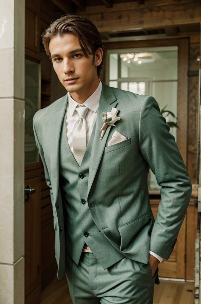 Green sage Bohem chic suit for man with floral bow for wedding