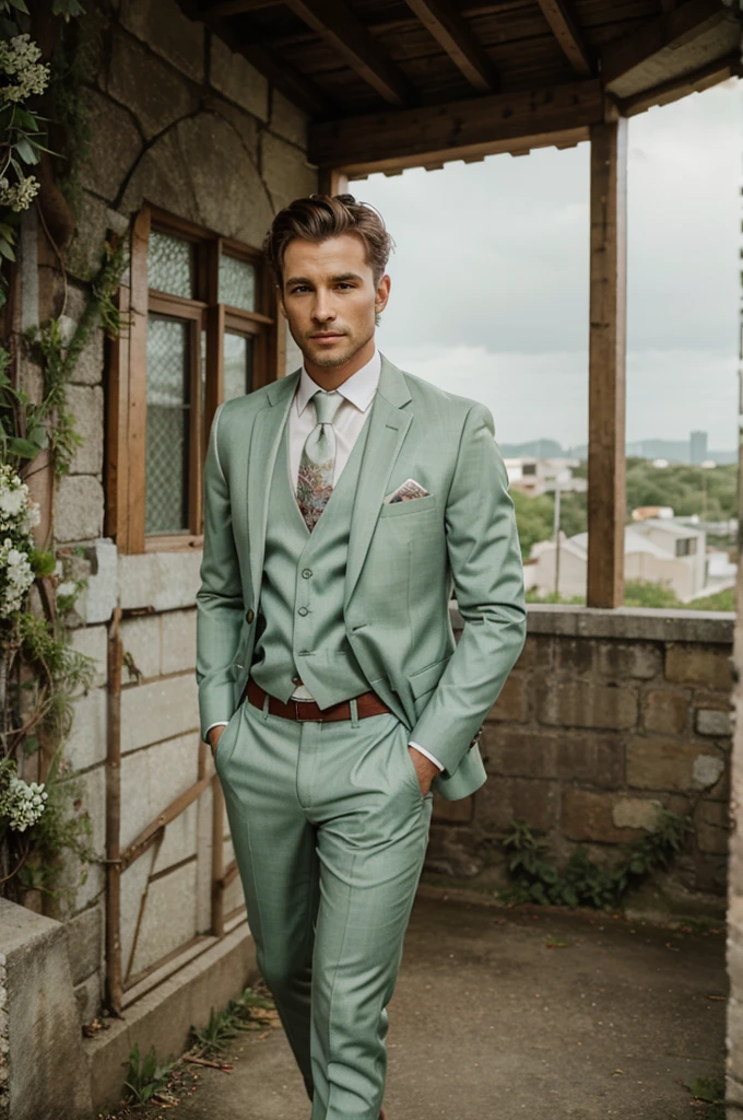Green sage Bohem chic suit for man with floral bow for wedding