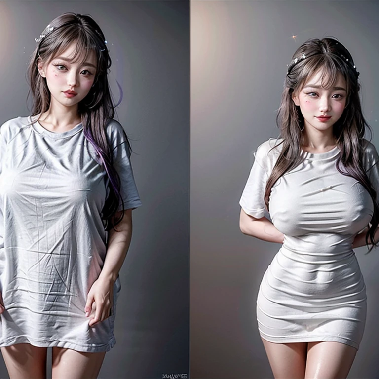 White and Bright Red, (Masterpiece 8K TopQuality:1.2) (ProfessionalPhoto:1.37) ExtremelyDetailed (((KAWAII girl with HUGE boobs:1.37)) (oversized t-shirt) Extremely detailed (Delicate cotton textures) PerfectLighting (Studio Dark GRAY Background) with (Dazzling RainbowColor Particles)  BREAK  (((NOGIZAKA FaceVariations))), Extremely Detailed (very KAWAII Face), Childish CaptivatingGaze Stunning ParfectEyes ElaboratePupils with (SparklingHighlights:1.28), DoubleEyelids with (Detailed Voluminous LongEyelashes:0.88), Small GlossyRedLips with BeautifulDetails, CoquettishTongue, PUNIPUNI RosyCheeks, Radiant PearlSkin with Transparency, Glowing DowneyHair . { (Dynamic Joyful expressions LifeLike Rendering:1.4) | (:d) }, (large eyes:-1) . 