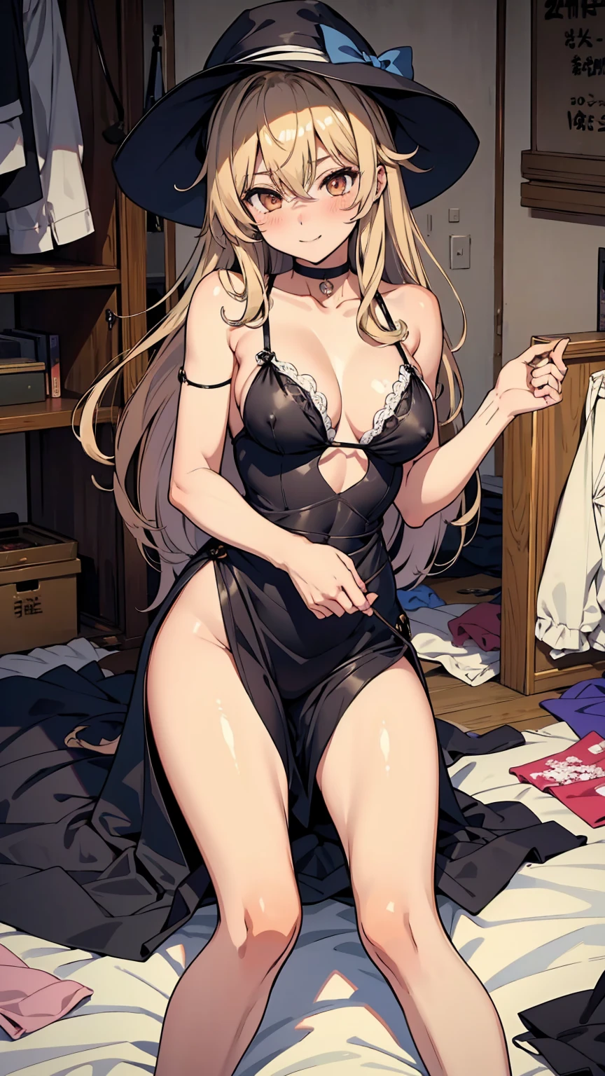 Marisa Kirisame、Messy room、Beautiful woman、Marisa&#39;s Hat、Very thick thighs、Grinning、smile、Sloppy body、Best image quality、High resolution、masterpiece、super high quality、Thick pubic hair、Orgasm Facial、Stripes々Panties、Stripes々bra、Very big ass、Very large breasts  、Blushing、4K quality、Blushing、Spread your legs wide、Luxurious chair、Wearing black knee socks、Sweaty all over、Heavy breathing、Shaking breasts、上下にShaking breasts、Angle from the feet