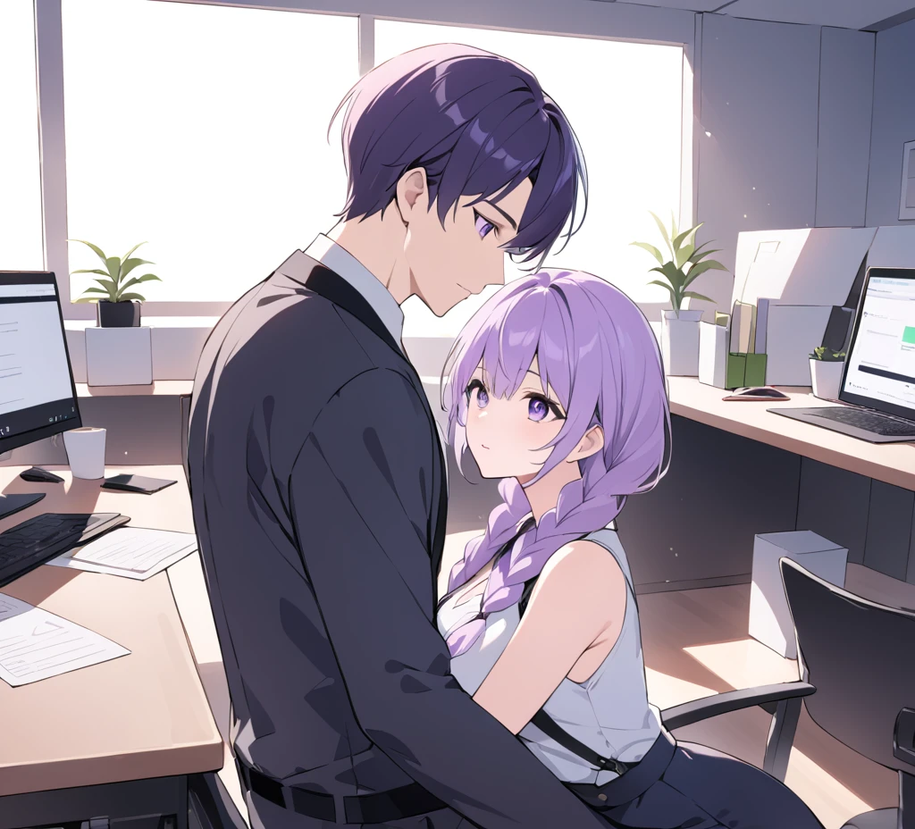 A captivating illustration portraying a blossoming romance between a man and a woman((1 male, 1 woman with purple and white gradient double braids)) in the office. The art form resembles a subtle and sophisticated digital painting, capturing the nuances of their relationship. The scene is set in a modern office space, with sleek desks, computers, and a backdrop of bustling professionals. The man and woman are seated close to each other, engrossed in a heartfelt conversation. Their body language exudes warmth and familiarity, hinting at their connection. Soft, natural lighting fills the room, creating a warm and inviting atmosphere. The overall result is a tender depiction of an office romance, showcasing the delicate balance between work and love in a professional setting.