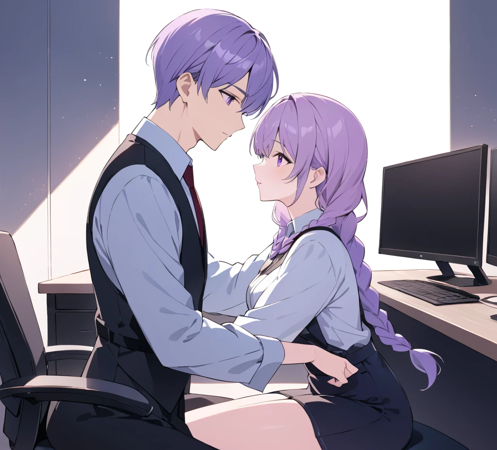 A captivating illustration portraying a blossoming romance between a man and a woman((1 male, 1 woman with purple and white gradient double braids)) in the office. The art form resembles a subtle and sophisticated digital painting, capturing the nuances of their relationship. The scene is set in a modern office space, with sleek desks, computers, and a backdrop of bustling professionals. The man and woman are seated close to each other, engrossed in a heartfelt conversation. Their body language exudes warmth and familiarity, hinting at their connection. Soft, natural lighting fills the room, creating a warm and inviting atmosphere. The overall result is a tender depiction of an office romance, showcasing the delicate balance between work and love in a professional setting.