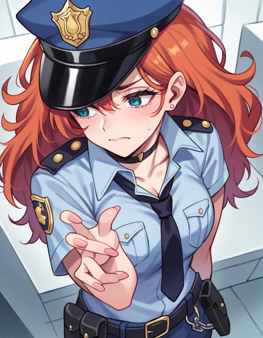 There is a woman in a police uniform, official, police official, (Yoshida Yuuko), sad police, Attire: cop, redhead woman, yoshida yuuko wearing a police uniform, high resolution commission, sheriff woman, Lois van Baarle y Rossdraws, bottomless, leotard blue, bare legs, standing, (((his hands are behind his body)),((The whole body is tightly bound.)) in jail, tapegag, whole body