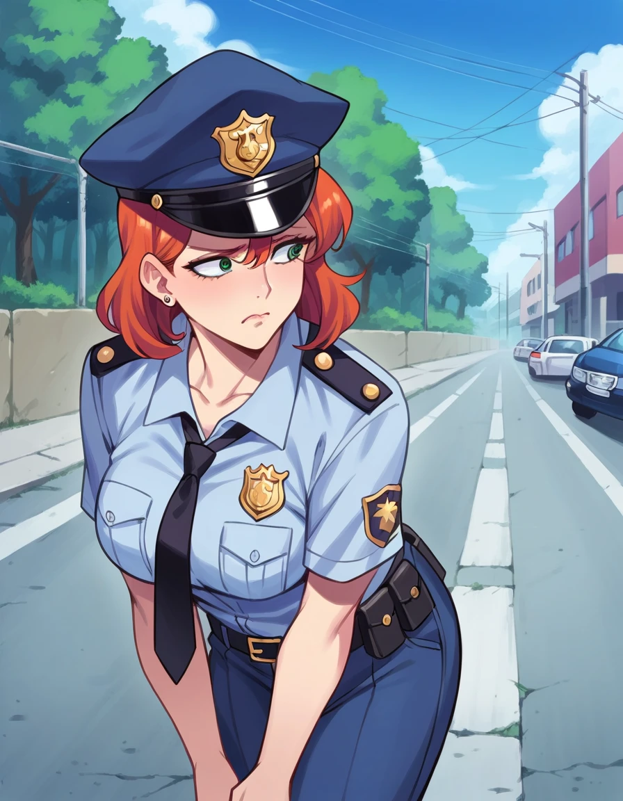 There is a woman in a police uniform, official, police official, (Yoshida Yuuko), sad police, Attire: cop, redhead woman, yoshida yuuko wearing a police uniform, high resolution commission, sheriff woman, Lois van Baarle y Rossdraws, bottomless, leotard blue, bare legs, standing, (((his hands are behind his body)),((The whole body is tightly bound.)) in jail, tapegag, whole body