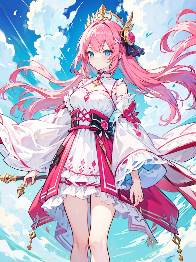 fantasy world girl with colorful hair, accessories, detailed clothes, pink hair, blue eyes, white and red clothes 