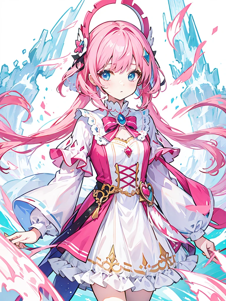fantasy world girl with colorful hair, accessories, detailed clothes, pink hair, blue eyes, white and red clothes