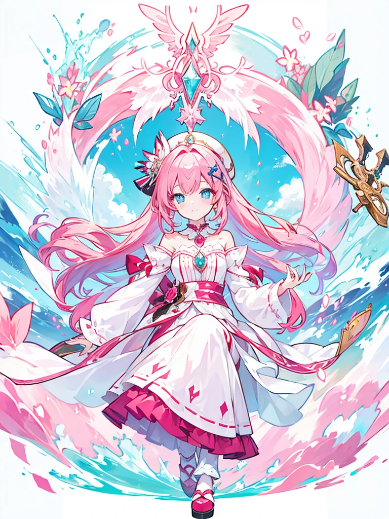 fantasy world girl with colorful hair, accessories, detailed clothes, pink hair, blue eyes, white and red clothes