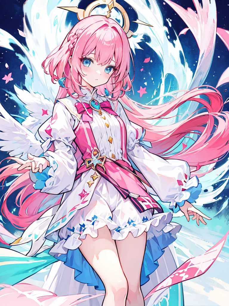 fantasy world girl with colorful hair, accessories, detailed clothes, pink hair, blue eyes, white and red clothes 