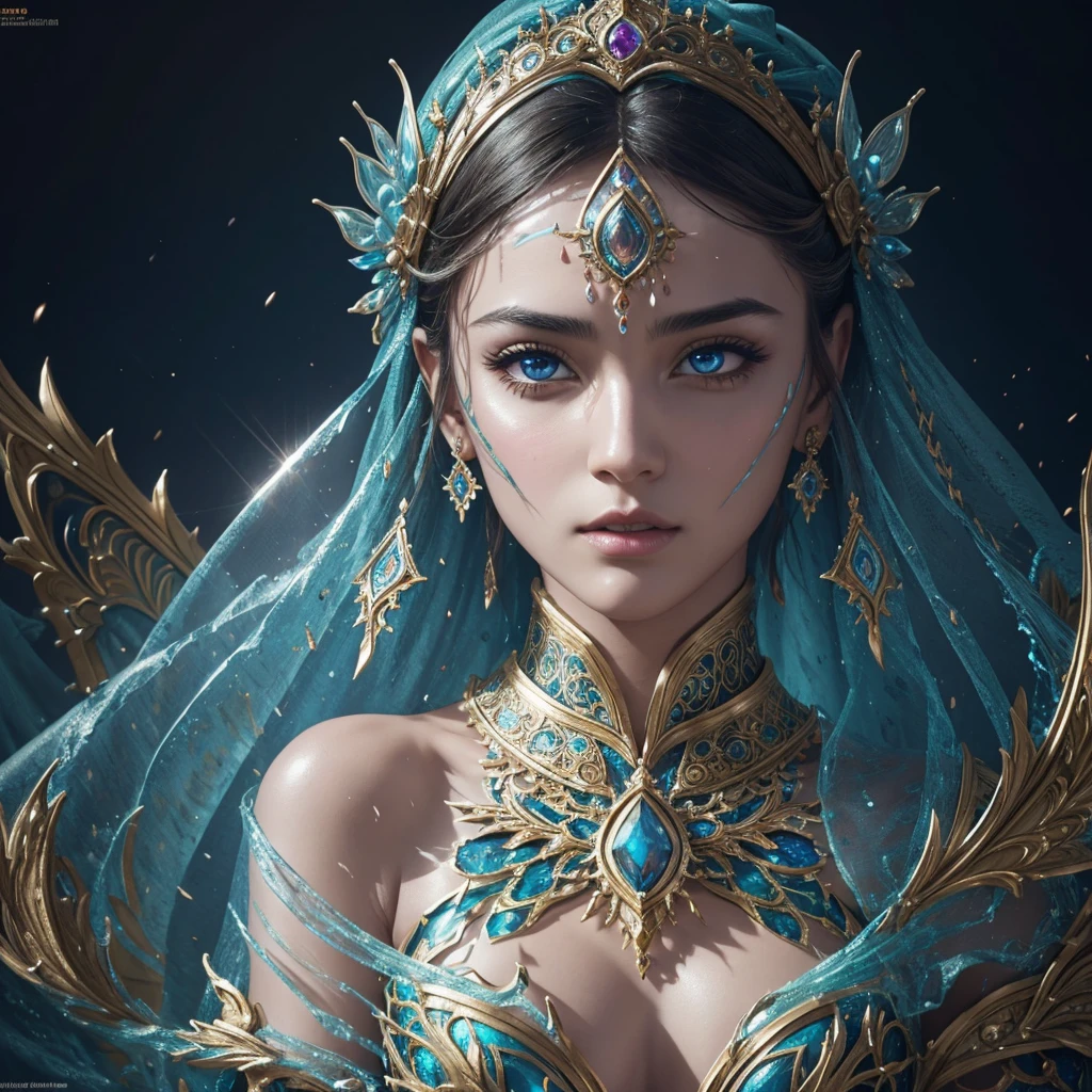 a gorgeous alhambran battle princess, covered in liquid glass, ornate kaleidoscopic rendering, detailed facial features, cinematic lighting, intricate armor, dramatic pose, highly detailed, photorealistic, 8k, masterpiece