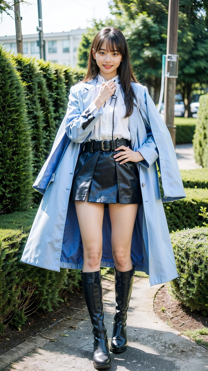 (8K、RAW Photos、Highest quality、masterpiece:1.2)、(Realistic、Realistic)、1 Girl、((Check mini skirt、light blue long coat、black、Thin legs、whole body、boots、one piece、tights、garden、View from the front、smile、Looking into the camera、belt、Stand with hands on hips))、cute
