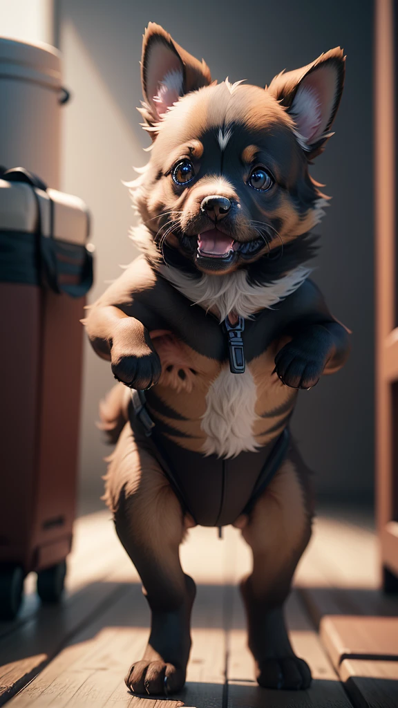 The puppy is so cute when it screams and shoots, Practical, 4K, Very detailed, Vray rendering, Unreal Engine, Art style on the go,dance