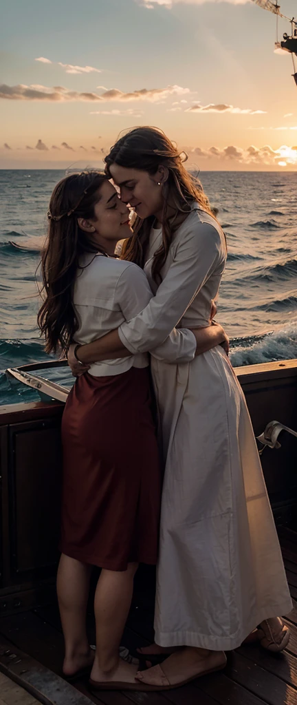 Prompt Title: The Fateful Story of Titanic. Scene 2: Romantic Moment. Setting: The bow of the Titanic at sunset, with the ship cutting through calm waters. Characters: Jack and Rose standing at the very front of the ship, arms outstretched as if flying, with Jack standing behind Rose, holding her gently. Both characters are smiling, their hair and clothes slightly tousled by the wind. Background: The sky ablaze with hues of orange, pink, and purple as the sun sets over the ocean, casting a warm glow over the scene.