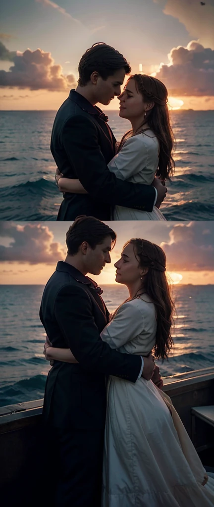 Prompt Title: The Fateful Story of Titanic. Scene 2: Romantic Moment. Setting: The bow of the Titanic at sunset, with the ship cutting through calm waters. Characters: Jack and Rose standing at the very front of the ship, arms outstretched as if flying, with Jack standing behind Rose, holding her gently. Both characters are smiling, their hair and clothes slightly tousled by the wind. Background: The sky ablaze with hues of orange, pink, and purple as the sun sets over the ocean, casting a warm glow over the scene.
