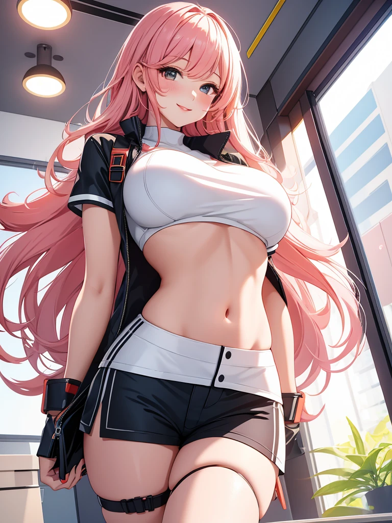 best quality, 1girl, masterpiece ultra detailed, illustration, glossy lips, indoors, standing, big breasts, (short shorts, micro_shorts, crop top), light smile, View viewers from the front, thigh strap, very sexy, (from below)