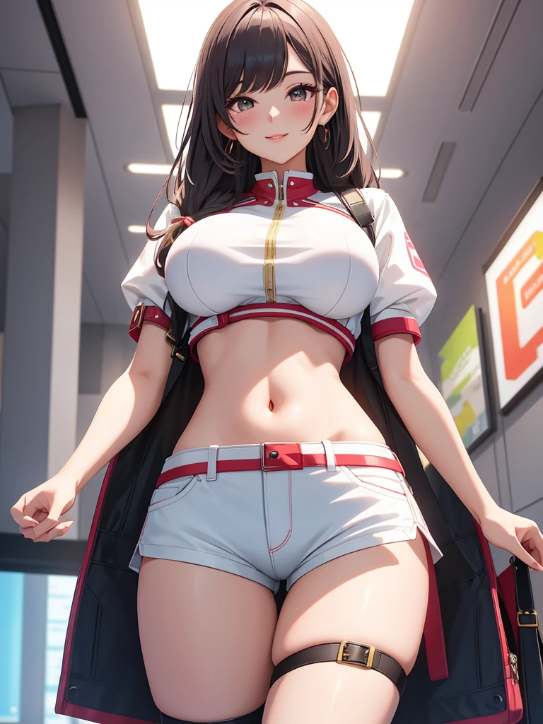 best quality, 1girl, masterpiece ultra detailed, illustration, glossy lips, indoors, standing, , (short shorts, micro_shorts, crop top), light smile, View viewers from the front, thigh strap, very sexy, (fromlow)