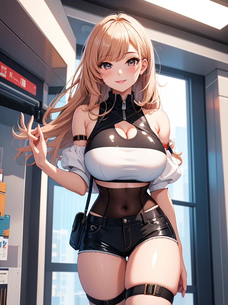 best quality, 1girl, masterpiece ultra detailed, illustration, glossy lips, indoors, standing, big breasts, (short shorts, micro_shorts, crop top), light smile, View viewers from the front, thigh strap, very sexy, (from below)