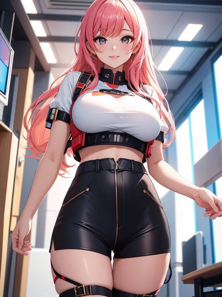 best quality, 1girl, masterpiece ultra detailed, illustration, glossy lips, indoors, standing, big breasts, (short shorts, micro_shorts, crop top), light smile, View viewers from the front, thigh strap, very sexy, (from below)