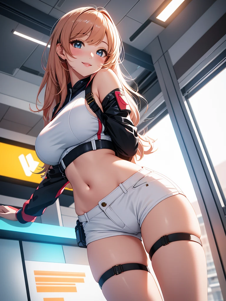 best quality, 1girl, masterpiece ultra detailed, illustration, glossy lips, indoors, standing, big breasts, (short shorts, micro_shorts, crop top), light smile, View viewers from the front, thigh strap, very sexy, (from below)