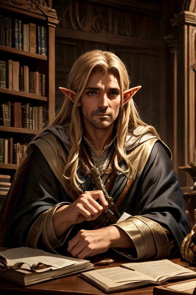 Elf 40 year old man who is wearing a fancy cleric robe with a battle sword on his shoulder, sitting behind a desk with lots of papers piled behind him in a full library lots of books scattered everywhere.
