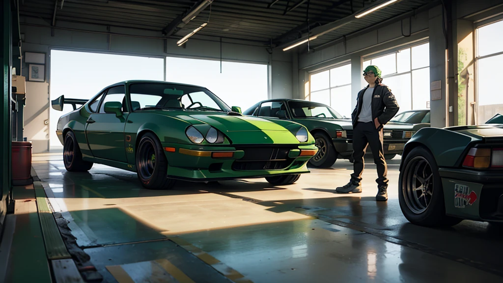 A man with green hair and glasses standing in a garage filled with racing cars, Movie still 8k, 8K Cinema Stills, Live-action movie stills, Cinematic, Japanese live-action films, A scene from a live-action movie, Tokyo Drift, Lostrun 8k,