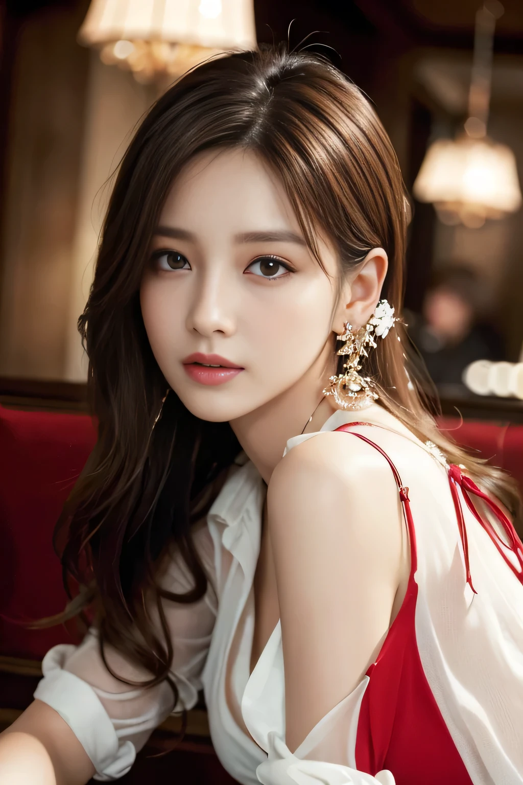 masterpiece, Highest quality, Realistic, Very detailed, Finer details, High resolution, 8k wallpaper, One beautiful woman, Wear an elegant see-through shirt, In a great restaurant, At night, Light brown messy hair, Perfect dynamic composition, Beautiful and beautiful eyes、Big earrings、Sit on a chair、