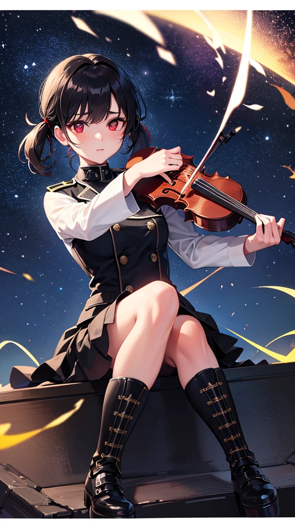 A girl in a military uniform playing the violin, with black hair and glassy red eyes, a serious gaze, under a night sky filled with stars and a single comet. She is positioned over a lake, depicted in a full shot, with light particles overflowing from her feet. The scene is sprinkled with additional light particles and has a bokeh effect. Requesting high quality, high resolution, a masterpiece, and the best shot.