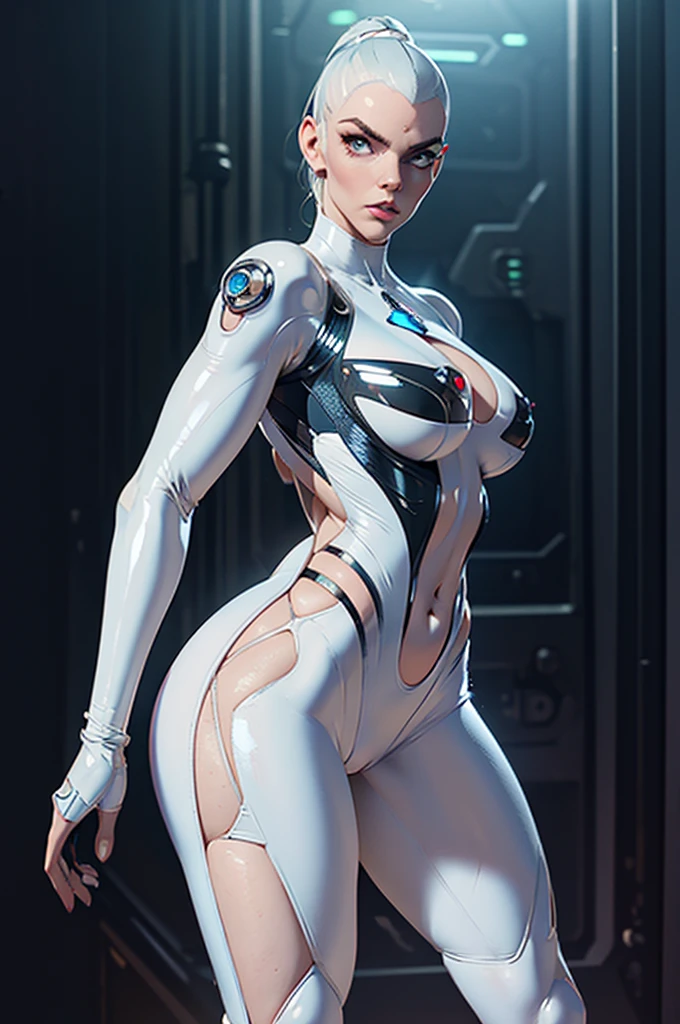 Alison Tyler, a realistic and intricate cyborg face of perfect beauty, whole body, sharp galaxy detailed glowing eyes, face detailed, parted lips, big fit ass ass, big fit ass , neckleace, (((from face to waist))), (((form of beautiful beauty))), wearing a white transparent and translucent swimsuit ((in sci-fi plugsuit, mechanical metal parts with realistic neon lighting)), (artwork), 4K, ultra HD