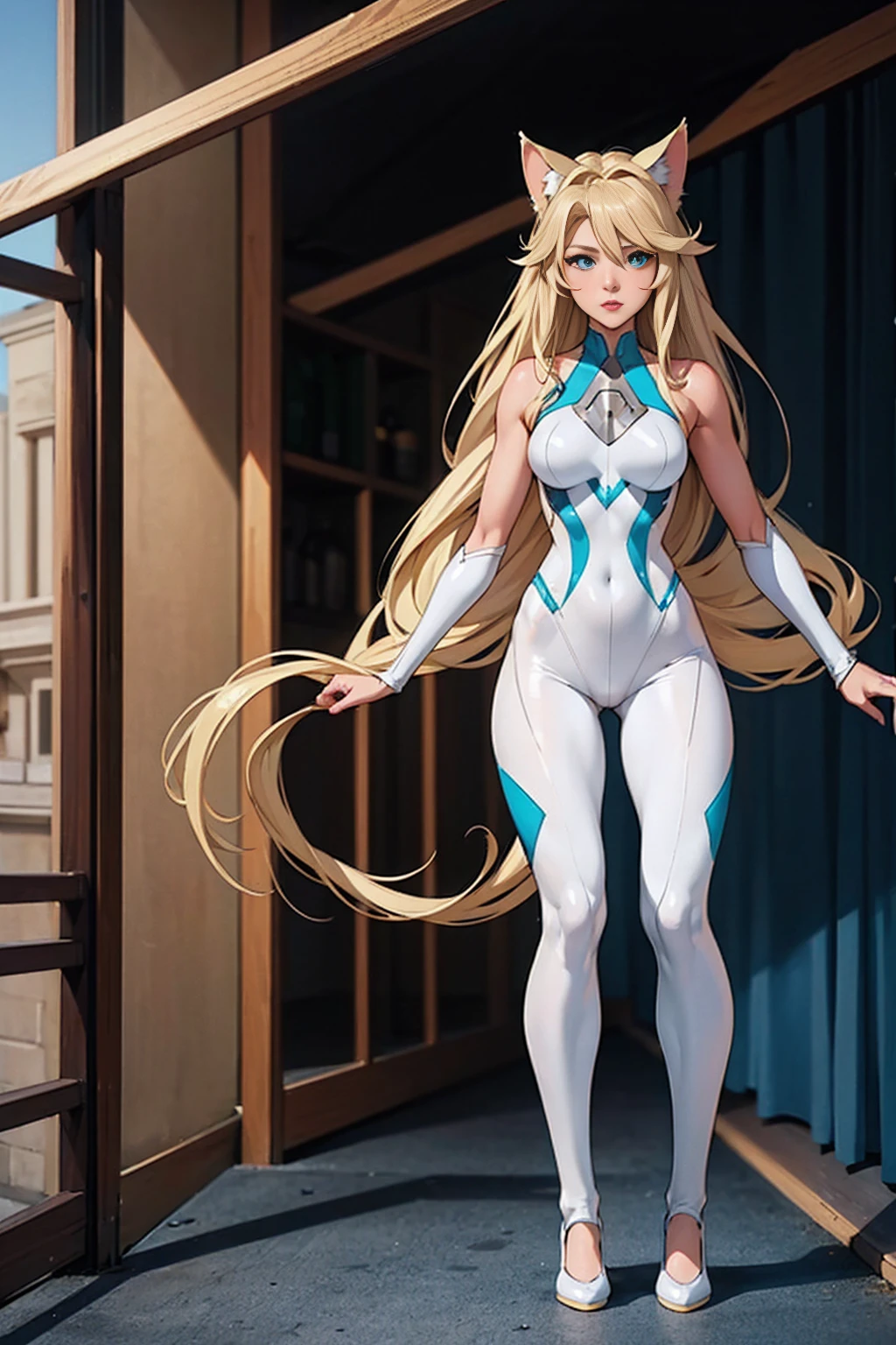 (((photo by full body))) 歳, Kizi, hair long blonde, Flowing blonde hair, Cat's ears, greeneyes, in a white full-body superhero costume with leggings, work of art, high qualiy,