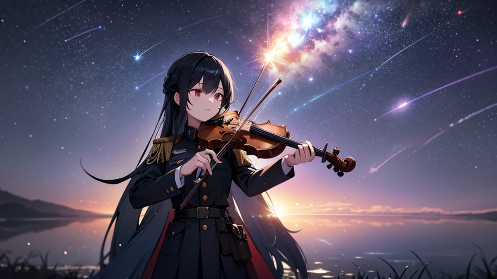 A girl in a military uniform playing the violin, with black hair and glassy red eyes, a serious gaze, under a night sky filled with stars and a single comet. She is positioned over a lake, depicted in a full shot, with light particles overflowing from her feet. The scene is sprinkled with additional light particles and has a bokeh effect. Requesting high quality, high resolution, a masterpiece, and the best shot.