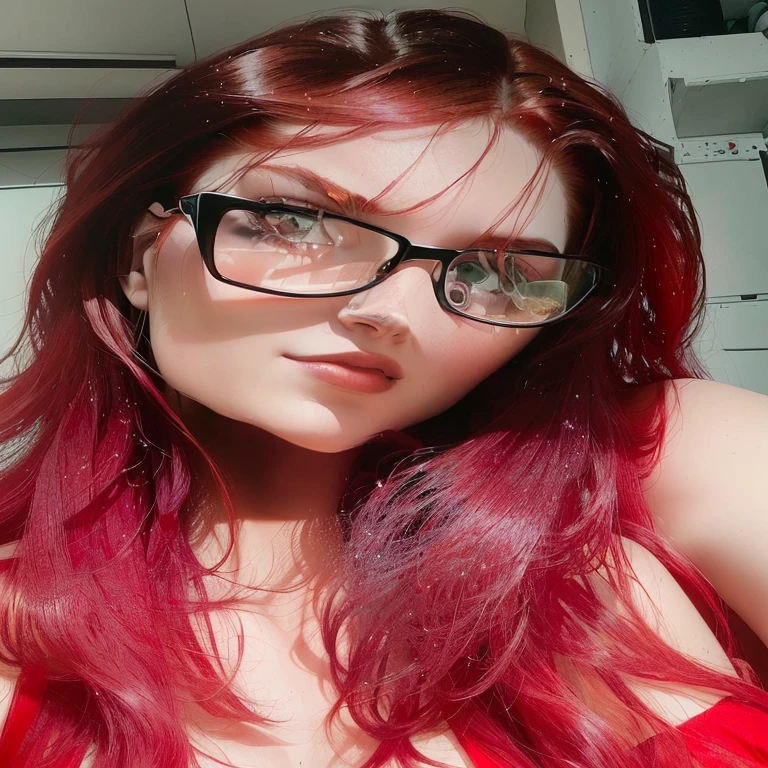there is a woman with glasses and a red dress posing for a picture, with Red hair, crimson Red hair and red eyes, with long Red hair, black and Red hair, bright Red hair, red dyed hair, Red hair, long red hair, wearing contaminated red glasses, long glowing Red hair, long Red hair, profile image, vibrant Red hair