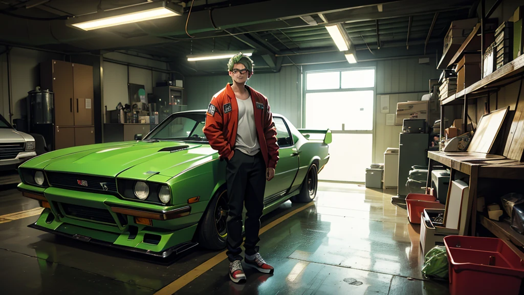 A man with green hair and glasses standing in a garage filled with racing cars, Movie still 8k, 8K Cinema Stills, Live-action movie stills, Cinematic, Japanese live-action films, A scene from a live-action movie, Tokyo Drift, Lostrun 8k,