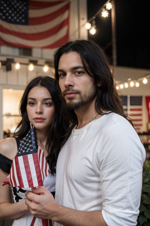 Handsome thin White man medium long black hair medium stubble beard july 4th decoration american flags with a girl in black hair