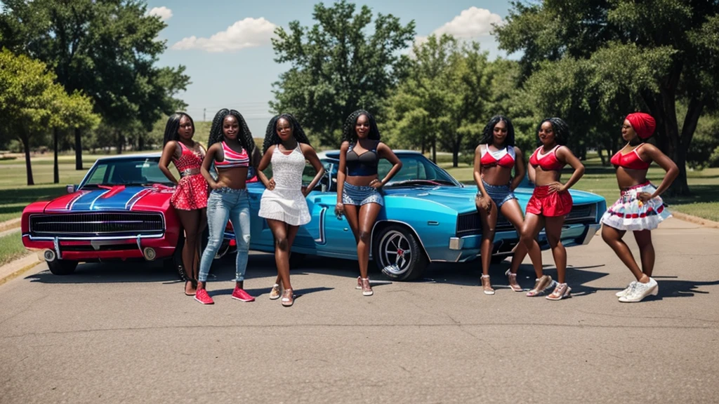 A group of African-American millennials and Fourth of July outfits that are girls Twerking on a Dodge charger