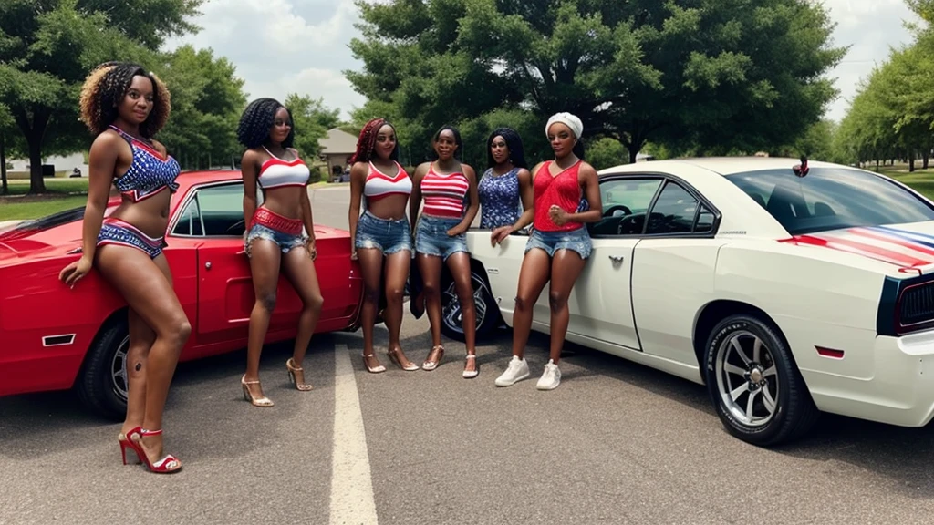 A group of African-American millennials and Fourth of July outfits that are girls Twerking on a Dodge charger
