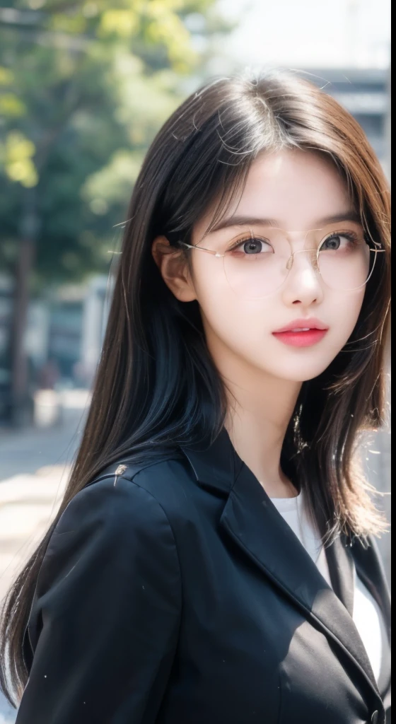 A perfect young female white-collar worker,Chinese,High picture quality,Works of masters,Black hair,Long hair flowing over the shoulders, Wear glasses and a cap, Blured background,outside, deep shadow, Real Human,CG rendering,16k,Stand up,Empty interior,Do not show your hands,Close-up shot