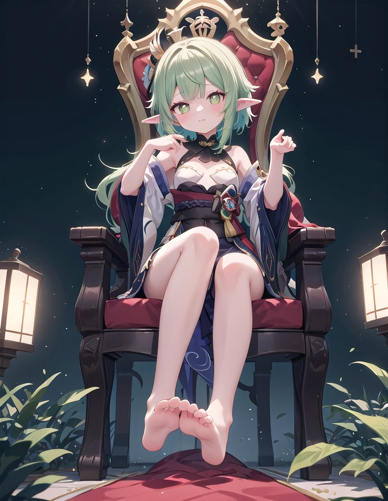 masterpiece,best quality,high quality,(colorful),loli,1girl, solo, petite,loli,elf girl,pointy_ears,small breast, :), Palace, towering above, overlooking viewer, with light from behind,Dark scenes,dark, king, Crown, leaf crown,Throne, a throne, sitting alone on the throne, (chibi:0.1), masterpiece,bestquality, white hair,green hair,green eyes,symbol-shaped pupils, bangs, breasts,cross-shaped pupils, hair ornament, gradient hair,bare foot, black cat near foot,nahida (genshin impact),