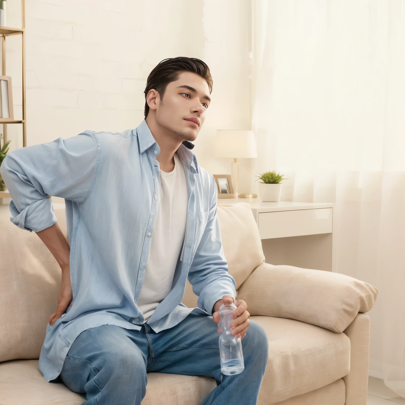 there is a man sitting on a sofa with a bottle of water, recovering from pain, man sitting with his back, sitting casually, sitting not sofa, filmed with a sony alpha 1 camera, He has his back, sitting on a sofa, ad image, shot on canon eos r5, shot on canon eos r5, photo shot, mucus flowing, high resolution photo, normal hands and finger