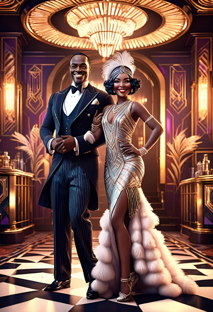 A lavish 3D render of a charming Black gentleman, resplendent in intricately patterned, 1920s-inspired African regalia, stands beside a stunning White woman, elegantly clad in art deco-accented, flapper-style European finery, both beaming radiant smiles towards the viewer, set against a vibrant, jam-packed speakeasy backdrop, teeming with exuberant partygoers, in a cinematic, nostalgic homage to the roaring twenties, awash in a kaleidoscope of bright, pastel hues, with bursts of warm, golden light, rendered in exceptional detail using Unreal Engine, Octane, V-Ray, and Pixar-style hyper-realism.