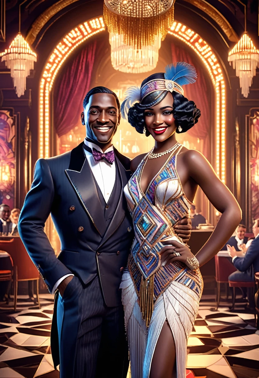 A lavish 3D render of a charming Black gentleman, resplendent in intricately patterned, 1920s-inspired African regalia, stands beside a stunning White woman, elegantly clad in art deco-accented, flapper-style European finery, both beaming radiant smiles towards the viewer, set against a vibrant, jam-packed speakeasy backdrop, teeming with exuberant partygoers, in a cinematic, nostalgic homage to the roaring twenties, awash in a kaleidoscope of bright, pastel hues, with bursts of warm, golden light, rendered in exceptional detail using Unreal Engine, Octane, V-Ray, and Pixar-style hyper-realism.