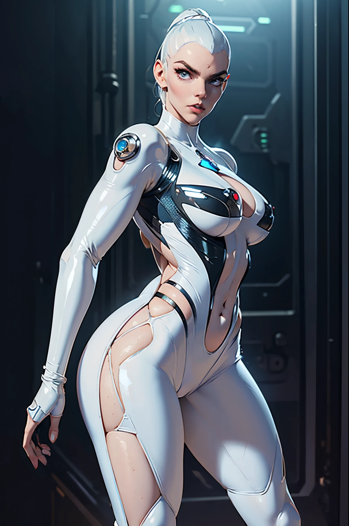 Alison Tyler, a realistic and intricate cyborg face of perfect beauty, whole body, sharp galaxy detailed glowing eyes, face detailed, parted lips, big fit ass ass, big fit ass , neckleace, (((from face to waist))), (((form of beautiful beauty))), wearing a white transparent and translucent swimsuit ((in sci-fi plugsuit, mechanical metal parts with realistic neon lighting)), (artwork), 4K, ultra HD